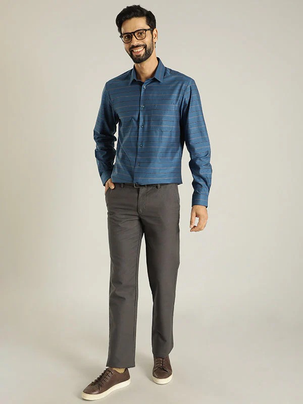 Indian Terrain Men's Slim Fit Full Sleeve Striped Blue Shirt